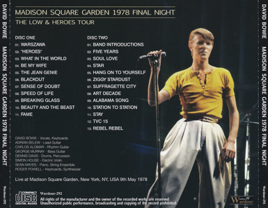 David Bowie 1978-05-09 New York City (Madison Square Garden 1978 Final Night - Wardour 292) Back